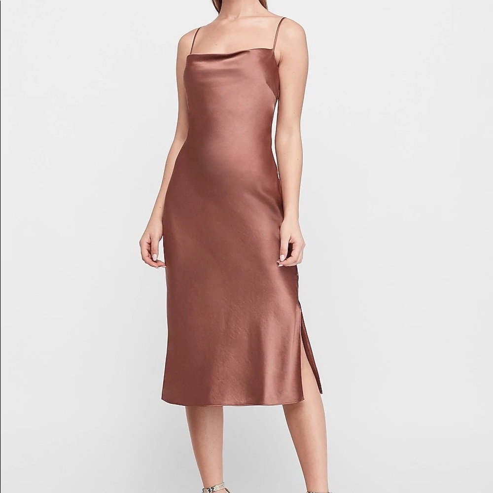 SATIN COWL NECK MIDI SLIP DRESS IN COCOA